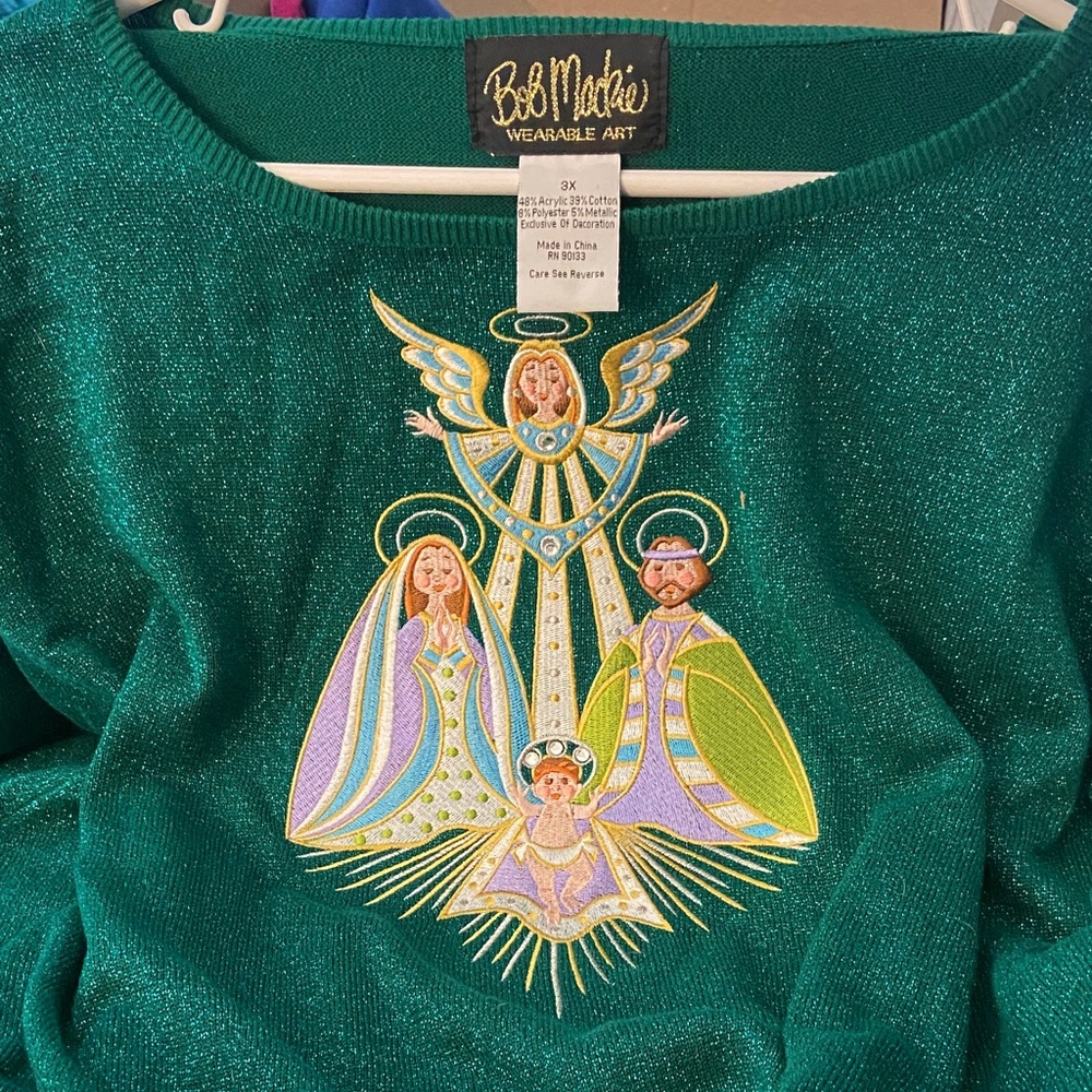 Vintage Bob Mackie Wearable Art Green Metallic Nativity Sweater 3X